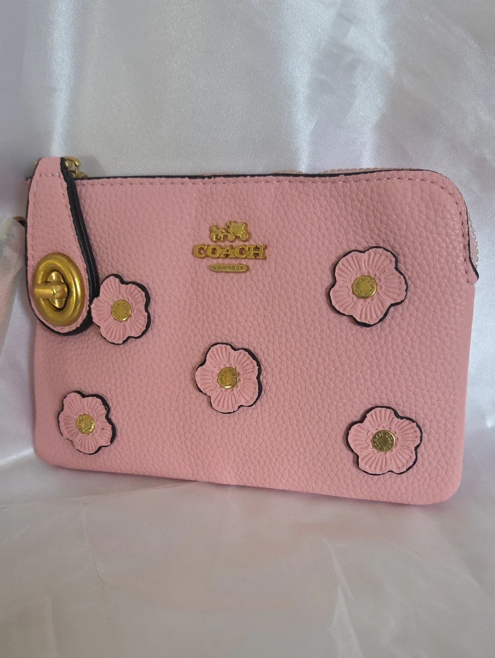 Pink Floral Pebbled Leather Wristlet Clutch